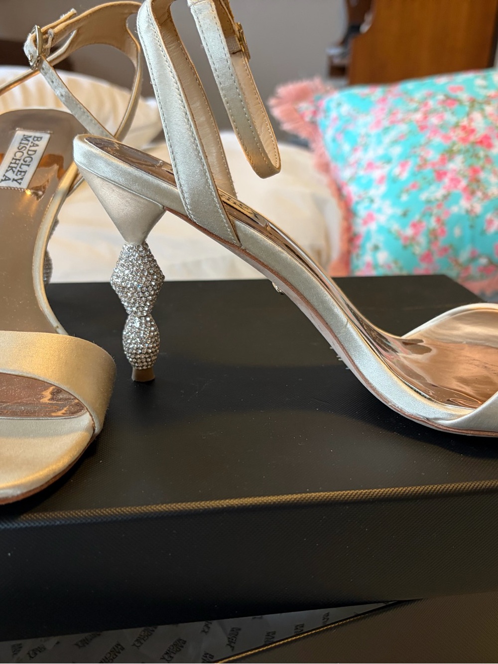 Badgley Mischka Champagne Satin Embellished Heel Sandals - Picture 2 of 5